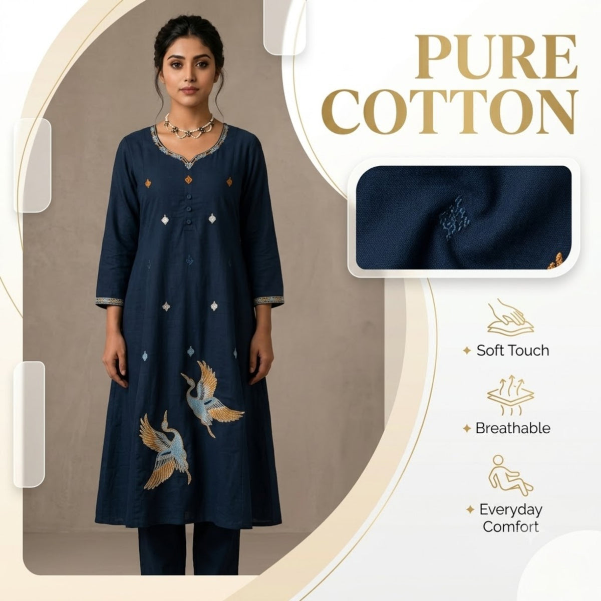 Navy Blue Crane Embroidered Kurta Set