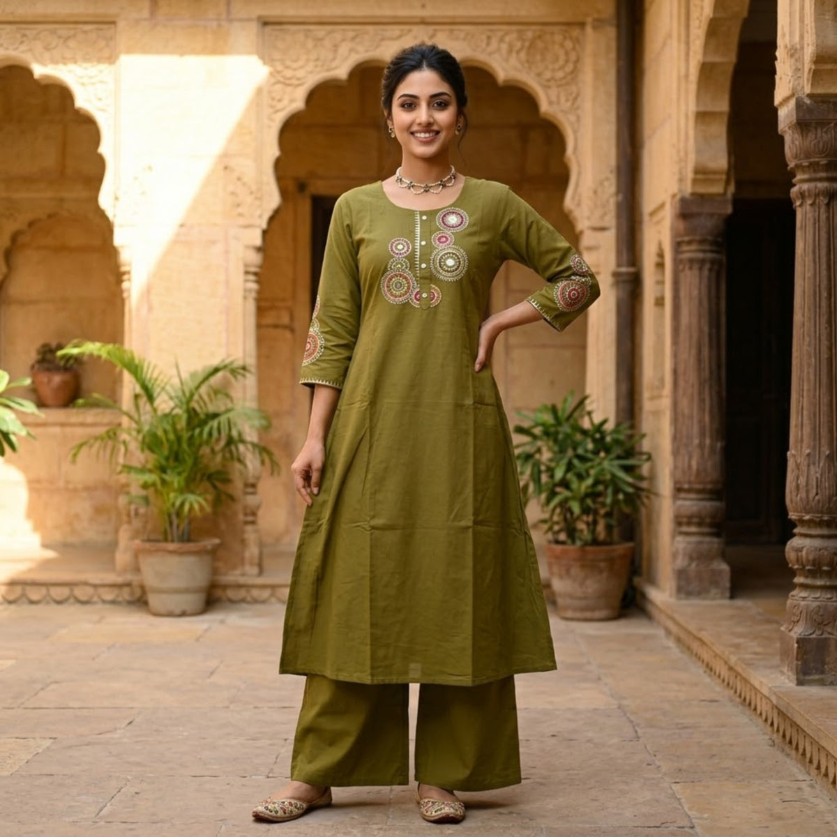 Olive Green Printed Embroidered Kurta Set
