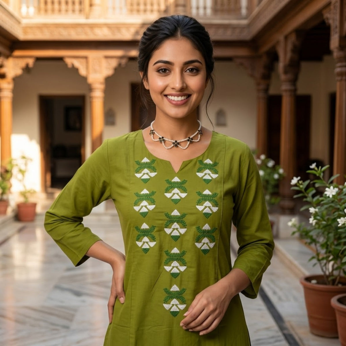 Olive Green Embroidered Straight Kurta Set