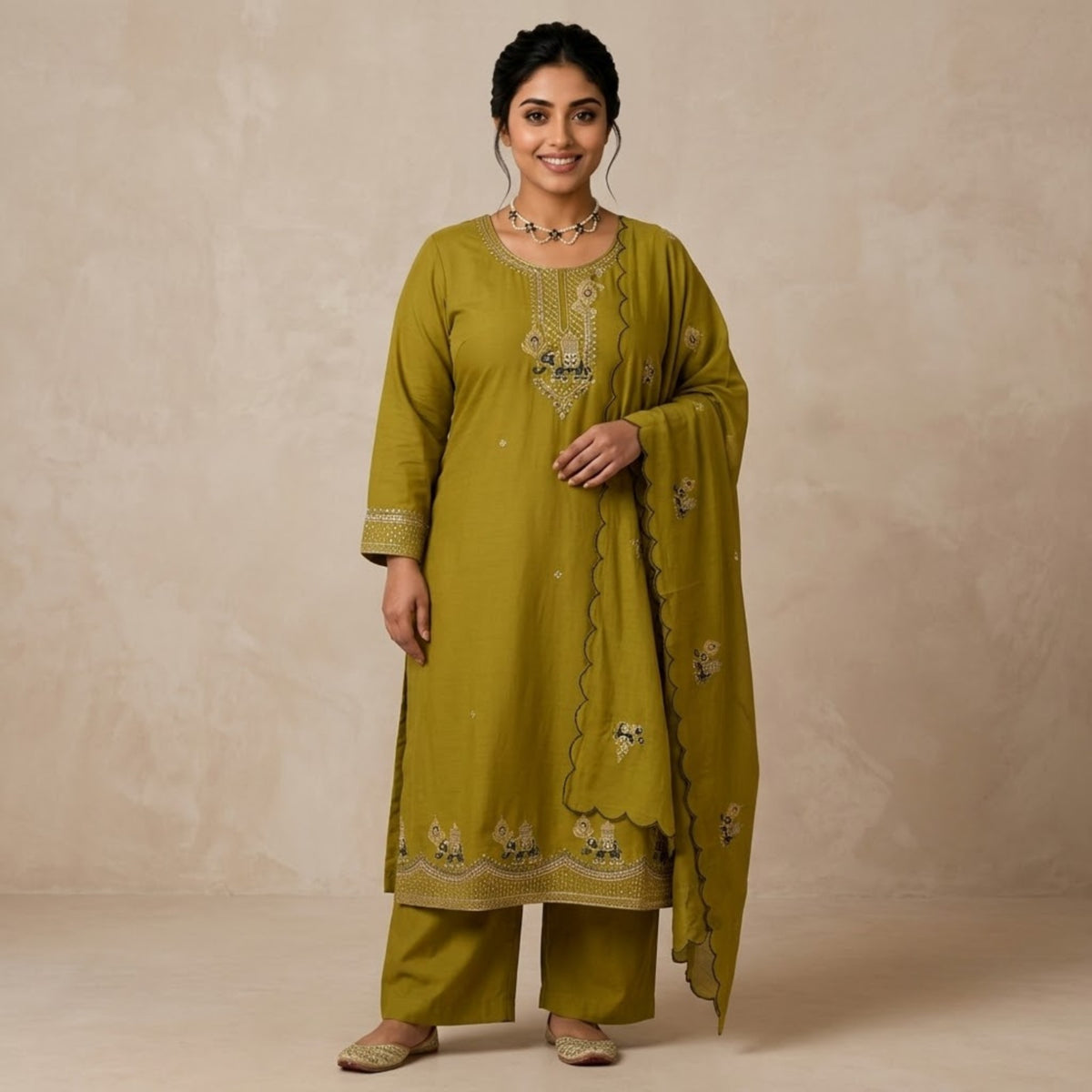 Olive Green Embroidered Kurta Set with Scalloped Dupatta