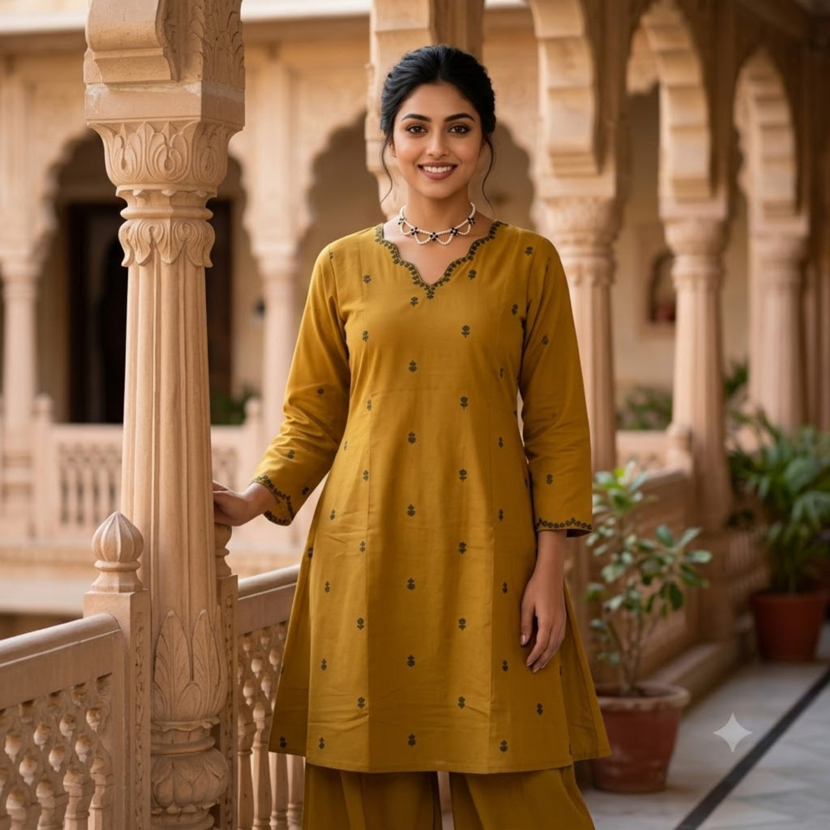 Olive Green Printed Kurta Set with Palazzo Pants