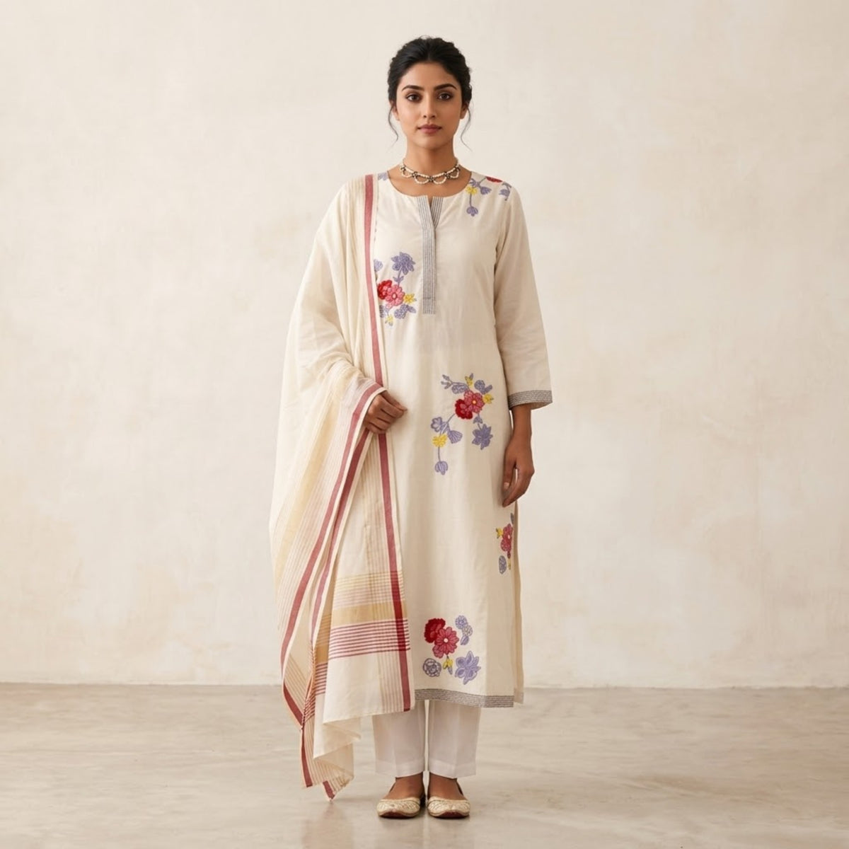 Elegant Cream Floral Embroidered Kurta Set with Dupatta